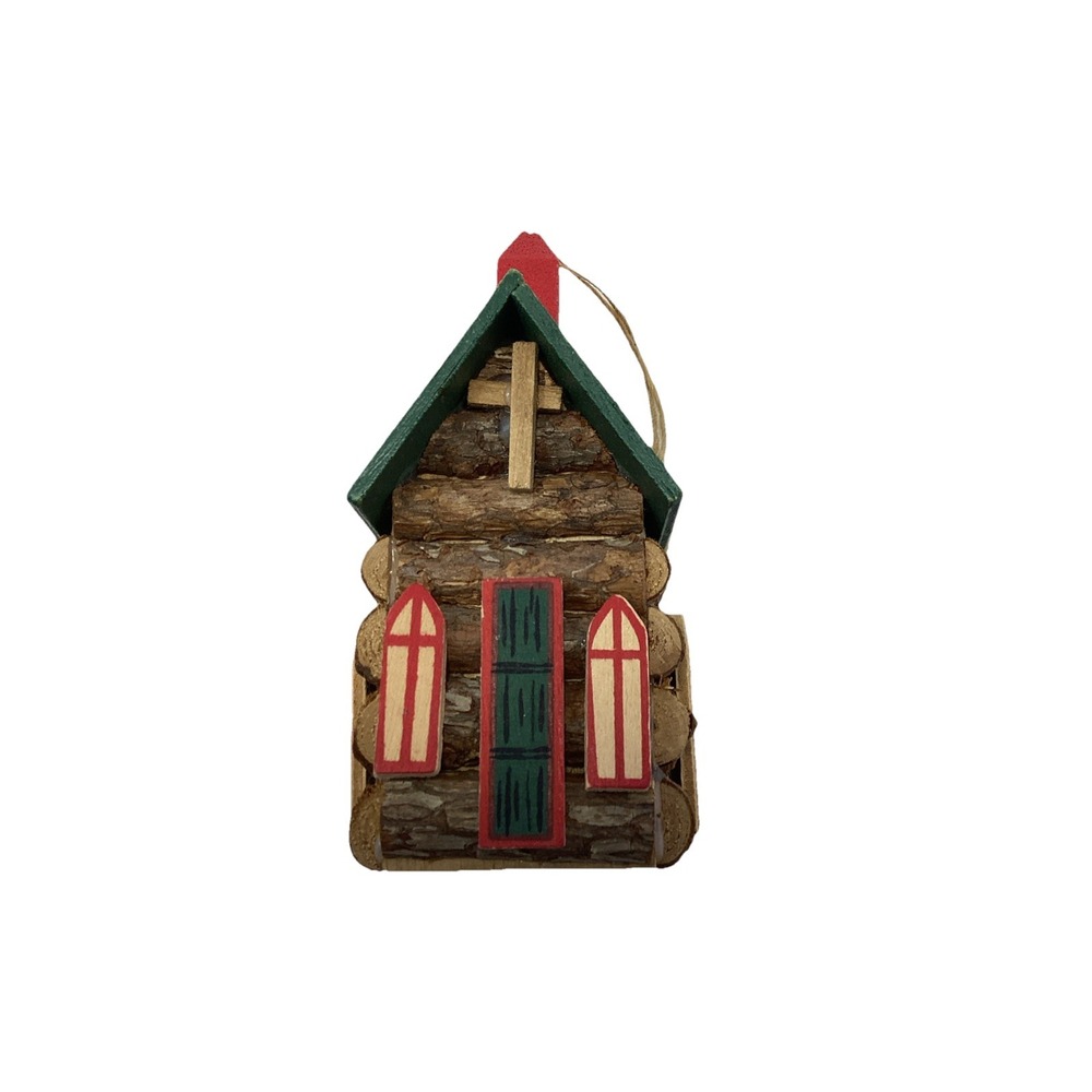 VINTAGE RUSTIC LOG CABIN Church CHRISTMAS TREE ORNAMENT, WOOD 5"x2"